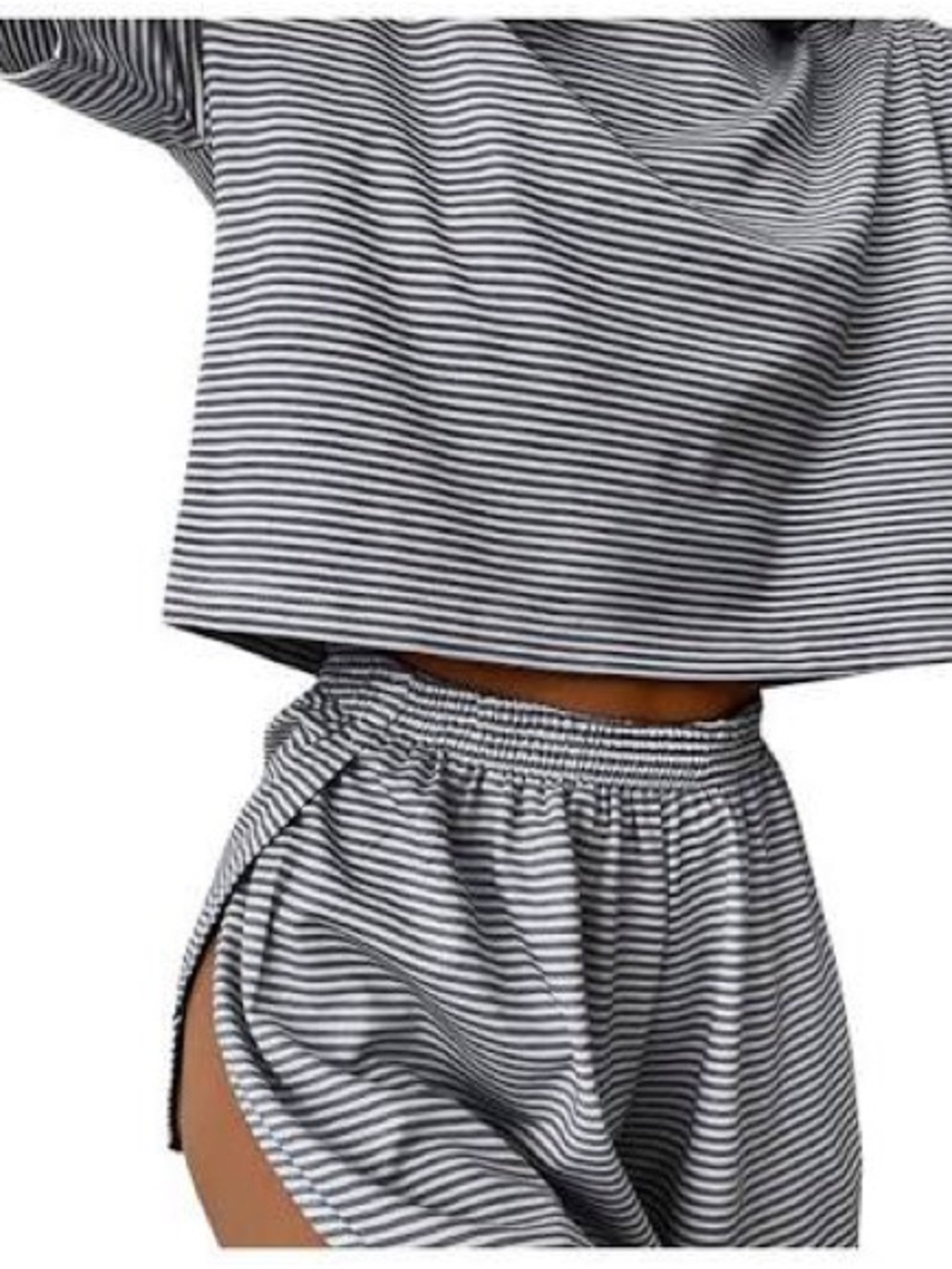 Striped Lounge Set - Black & White Crop Top with Shorts